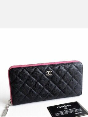 Chanel Black Caviar Quilted Zip Around Long Wallet